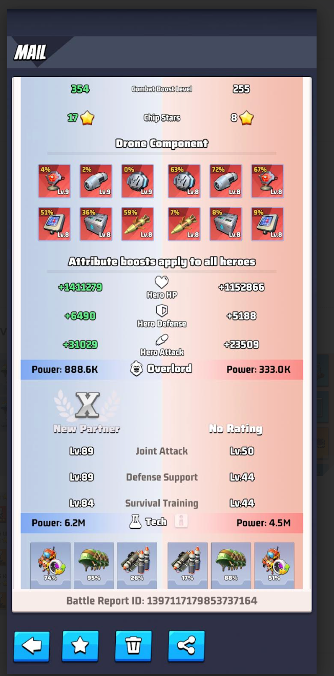 English Last War battle report comparing Drone Combat Boost, chip stars, components and hero attribute bonuses