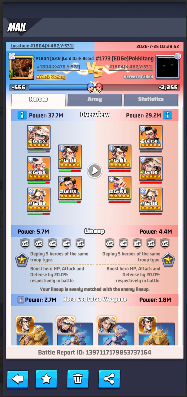 English Last War Heroes report showing both formations, power, lineup bonus and exclusive weapons
