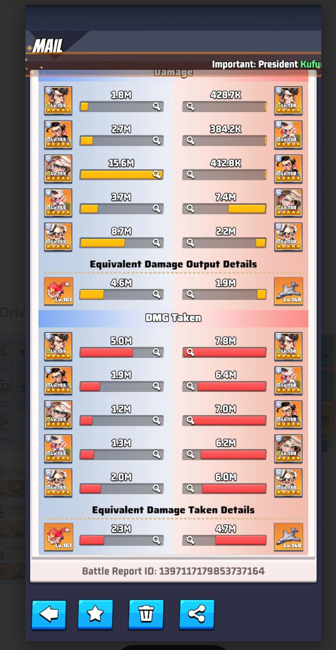 English Last War Battle Statistics report showing hero damage and damage taken