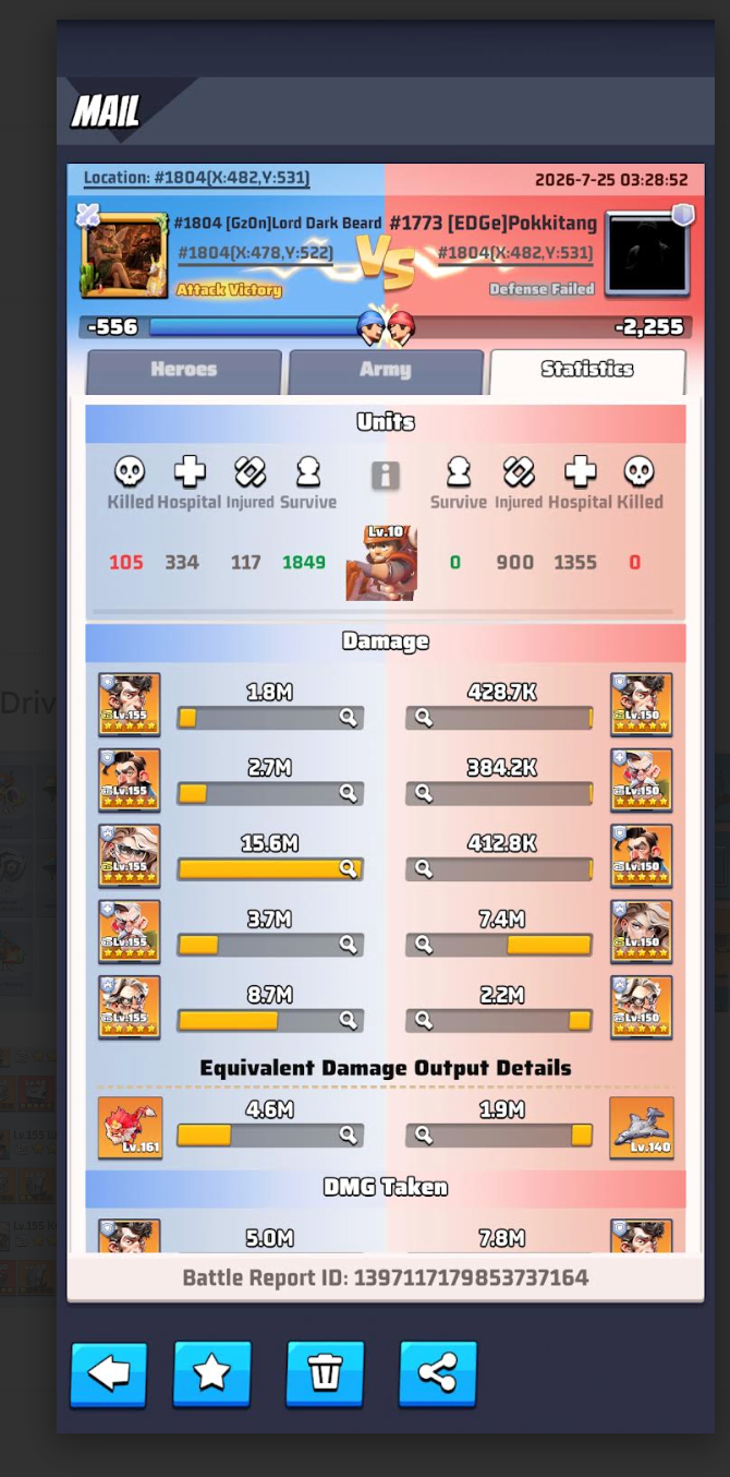 English Last War Battle Statistics report showing troop outcomes and hero damage