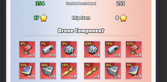 English Last War battle report comparing all six Drone Components and their upgrade progress