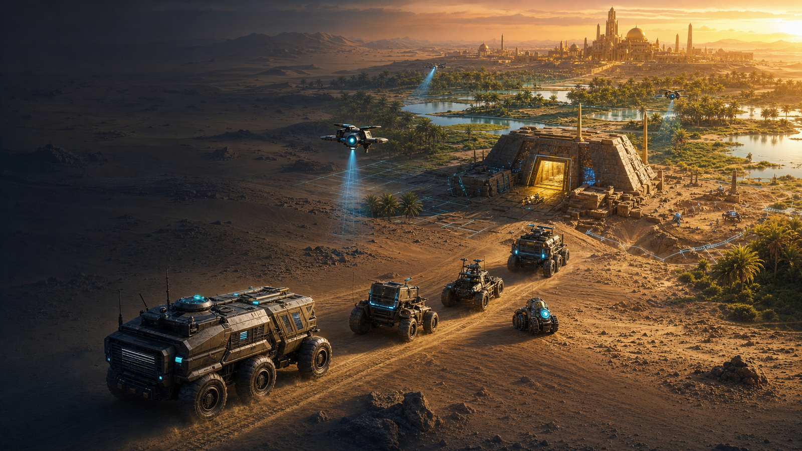 Original Game Zone Academy artwork showing a Season 3 expedition restoring an oasis and opening a desert vault