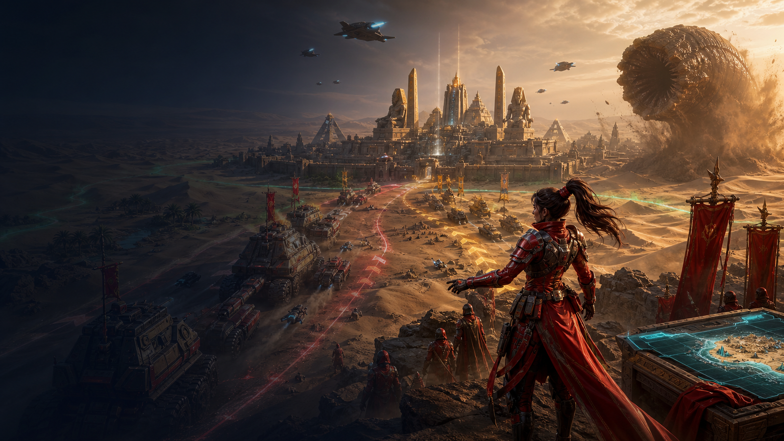 Original Game Zone Academy Week 3 artwork showing scarlet and golden faction routes converging on a desert city while a sandworm emerges