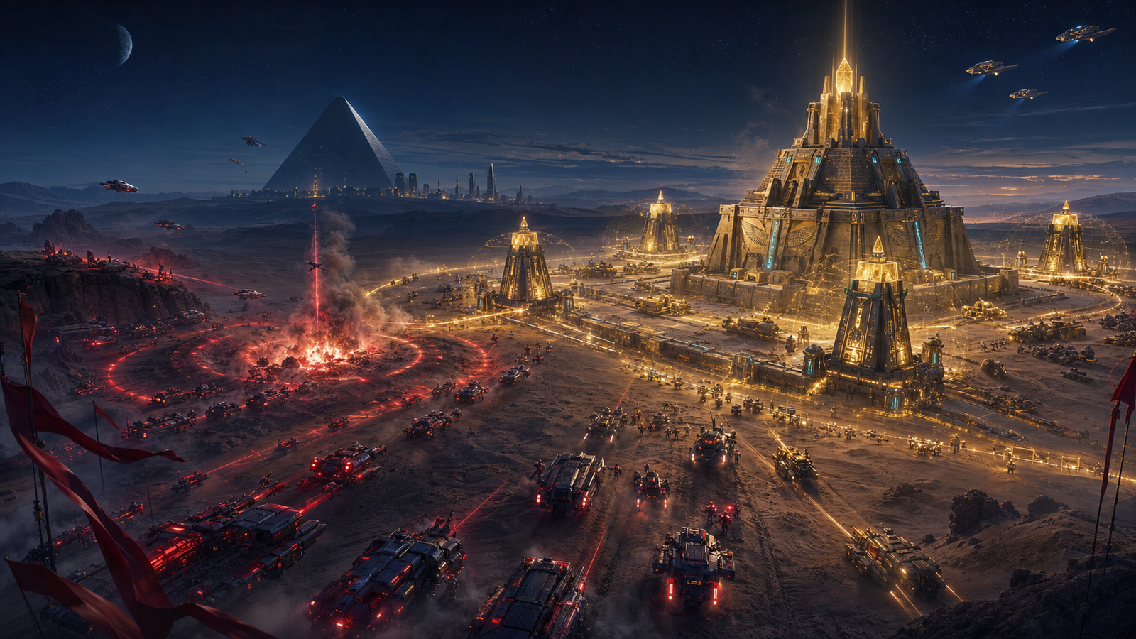 Original Game Zone Academy artwork showing Scarlet forces assaulting a golden Alliance Center and its four support structures