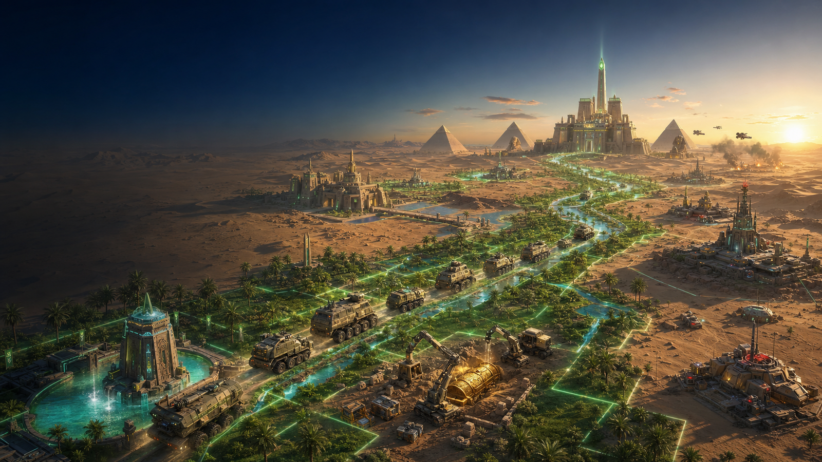 Original Game Zone Academy Week 5 artwork showing a connected green route crossing desert regions toward cities, pyramids and the Capitol