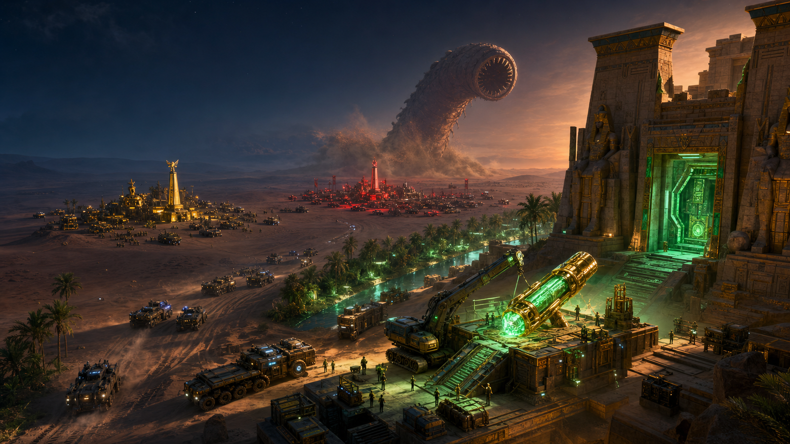 Original Game Zone Academy Week 6 artwork showing an artifact recovered beside a restored Oasis route while a Sandworm and two faction armies gather