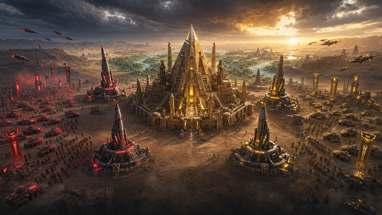 Original Game Zone Academy artwork showing the central desert Capitol, four missile factories and Scarlet and Golden faction armies