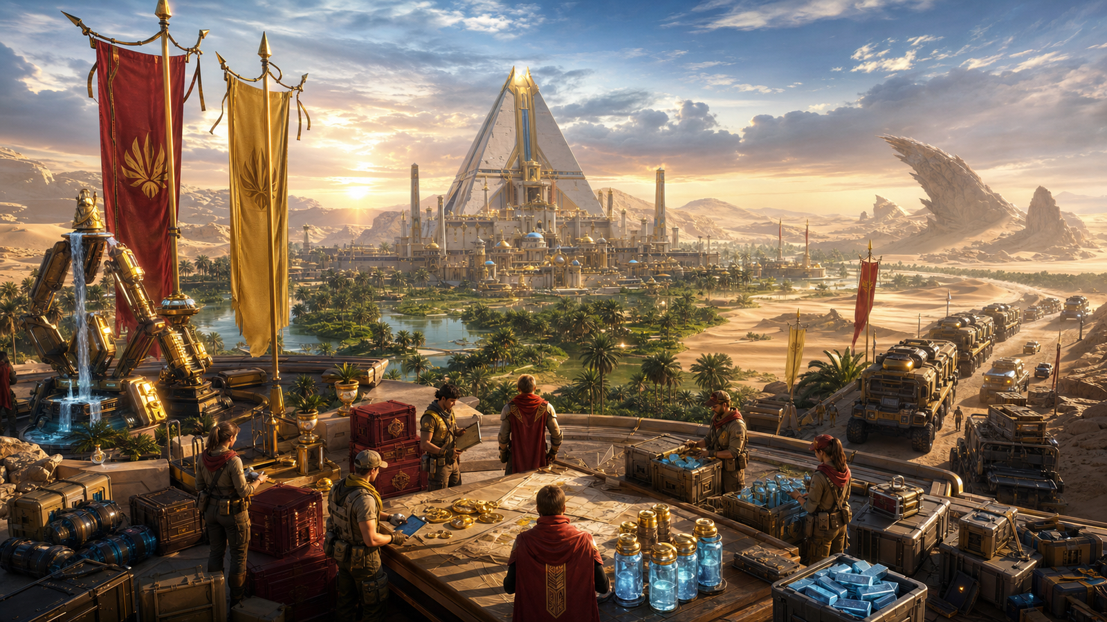 Original Game Zone Academy artwork showing Season 3 rewards being settled beside a restored oasis while a convoy prepares to leave the Golden Kingdom