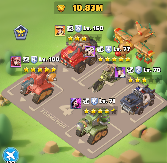 Official Last War formation screen showing two frontline defenders and three back-row heroes